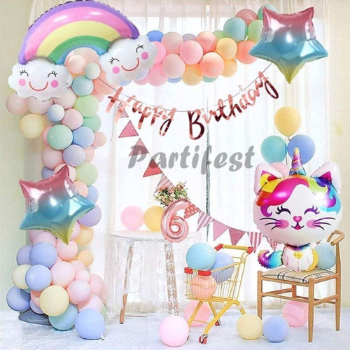 Unicorn Kedi Kitty Rakam Konsept 6 Yaş Balon Doğum Günü Set Yaş Balon Set