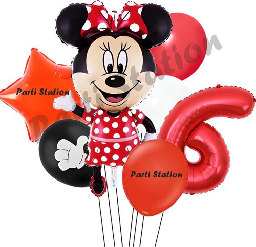 Minnie Mouse 6 Yaş Doğum Günü Set Minnie Mouse Konsept Balon Ve Kırmızı Rakam Balon