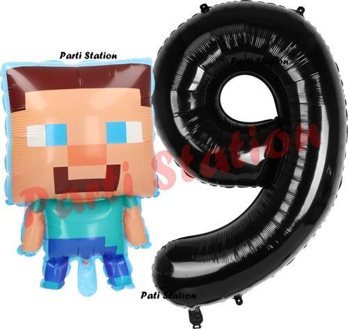 Minecraft Balon 9 Yaş Doğum Günü Set Minecraft Konsept Balon Ve Siyah Rakam Balon