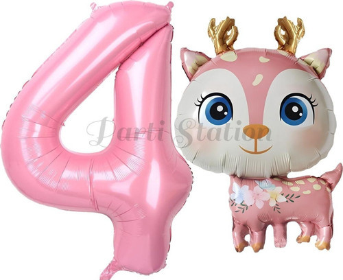 Sevimli Geyik 4 Yaş Balon Set Ceylan Balon Woodland Konsept Geyik Balon Ve Pembe Renk Rakam Balon
