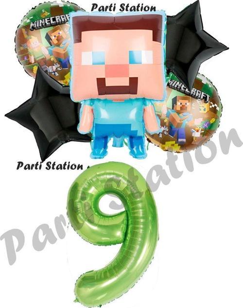Minecraft Balon 9 Yaş Doğum Günü Set Minecraft Konsept Yıldız Balon Ve Yeşil Rakam Balon