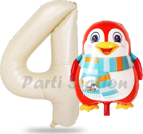 Sevimli Penguen Balon 4 Yaş Doğum Günü Balon Set Penguen Konsept Ve Krem Renk Rakam Balon