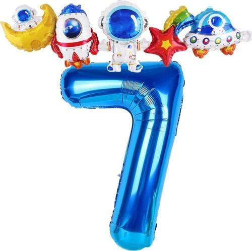 Lacivert Renk Rakam Balonlu Uzay Konsept 7 Yaş Doğum Günü Balon Set Galaksi Astronot Space Parti