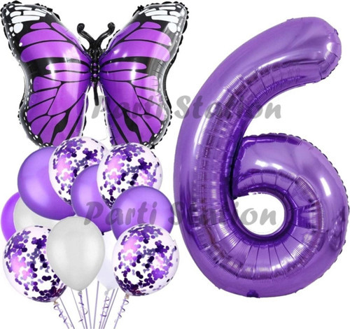 Mor Kelebek Konsept 6 Yaş Balon Set Butterfly Kelebek Mor Rakam Balon Parti Doğum Günü Balon Set