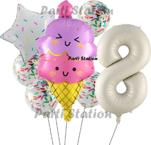 Dondurma İce Cream Konsept Doğum Günü 8 Yaş Balon Set Yaz Tema Sevimli Dondurma Folyo Balon Set