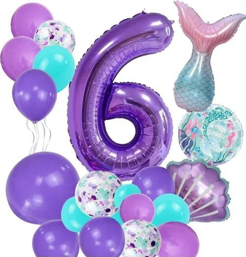 Mor Rakam Balon 6 Yaş Deniz Kızı Temalı Doğum Günü Parti Kutlama Seti Konsept 1