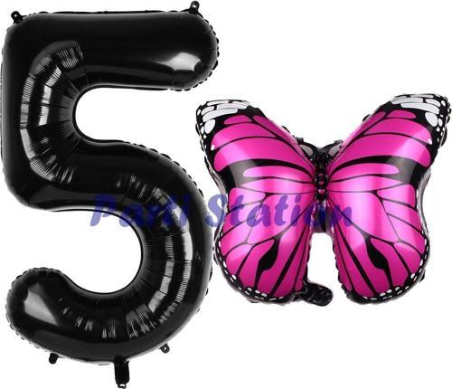 Pembe Kelebek Balon 5 Yaş Balon Set Kelebek Konsept Balon Ve Siyah Renk Rakam Balon