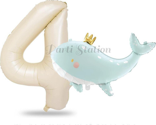 Sevimli Yeşil Balina 4 Yaş Balon Set Deniz Okyanus Canlıları Konsept Balon Ve Krem Rakam Balon