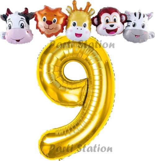 Altın Renk Rakam Balonlu Safari 9 Yaş Doğum Günü Parti Balon Set Safari Hayvanlar Tema Parti