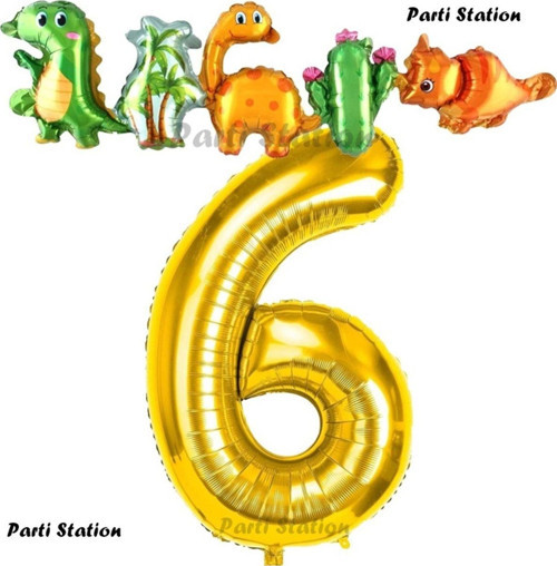 Altın Renk Rakam Balonlu Dinozor 6 Yaş Doğum Günü Parti Yapışık Balon Set Dinozor Tema Parti Set