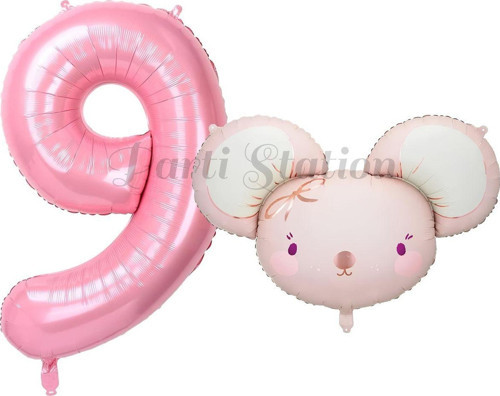 Pink Mouse 1 Yaş Balon Set Sevimli Pembe Fare Konsept Balon Ve Pembe Rakam Balon Hamster Balon