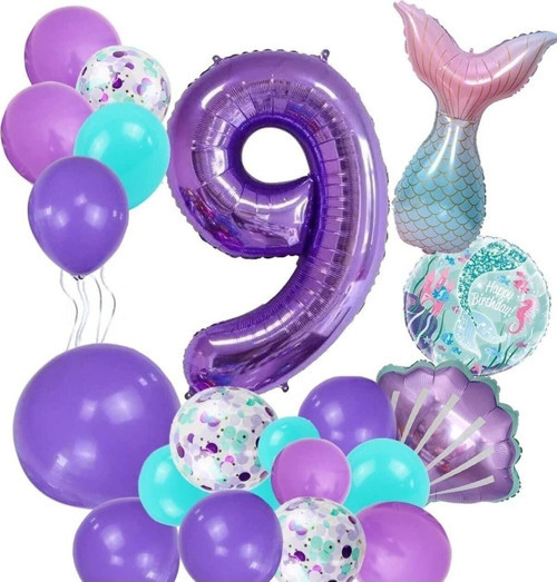 Mor Rakam Balon 9 Yaş Deniz Kızı Temalı Doğum Günü Parti Kutlama Seti Konsept 1