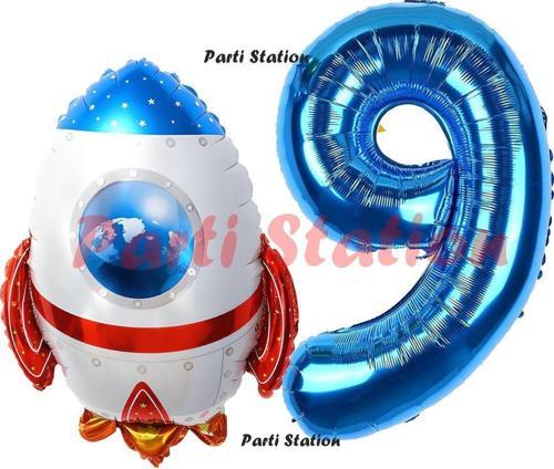 Roket Uzay Astronot Konsept 9 Yaş Balon Set Uzay Roketi Ve Lacivert Rakam Balon Doğum Günü Balon Set