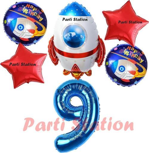 Roket Uzay Astronot Konsept 9 Yaş Balon Set Uzay Roketi Ve Yıldız Balon Doğum Günü Balon Set