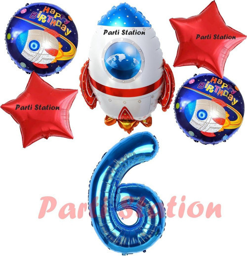 Uzay Konsept Roket Balon 6 Yaş Doğum Günü Set Uzay Konsept Balon Rakam Balon Set