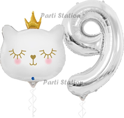 Beyaz Kedi 9 Yaş Doğum Günü Balon Set White Cat White Kitty Konsept Parti Balon Set Beyaz Kedi Tema