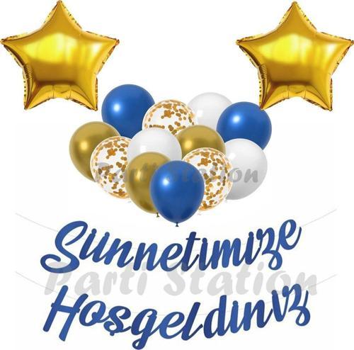 Sünnet Kutlama Seti Sünnetimize Hoş Geldiniz Yazısı Flama Sünnet Parti Banner Set Gold Yıldız Seti