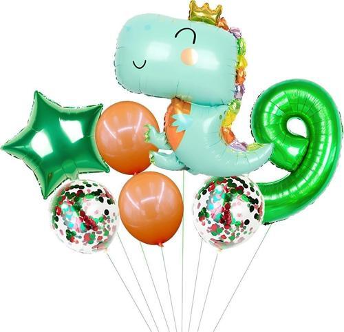 Sevimli Dinozor Konsept Yeşil 9 Yaş Balon Set Jurassic Dinozor Tema Doğum Günü Folyo Balon Set