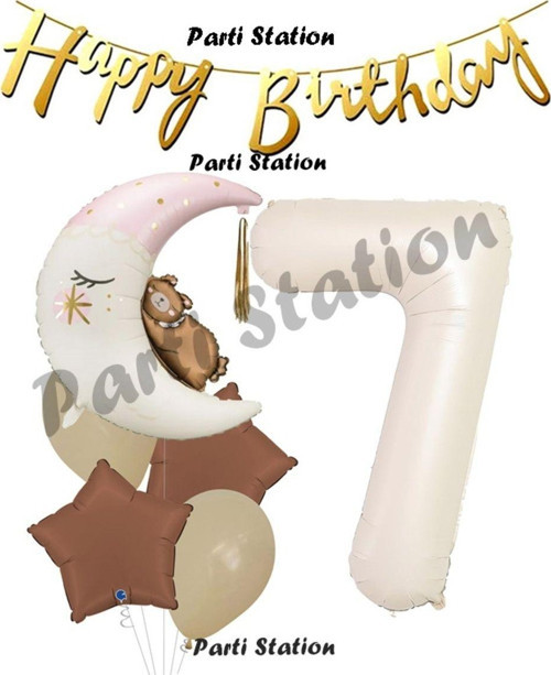 Sevimli Ayıcık Krem Renk Rakam Balon Set 7 Yaş Ay Dede Uyuyan Ayıcıklı Krem Renk Rakam Folyo Balon
