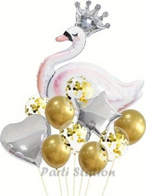 Beyaz Kuğu Konsept Sevimli Kuğu Balon Set Silver Swan Balloon Birthday Party Set