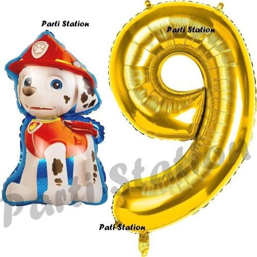 Paw Patrol Balon Paw Patrol İtfaiye Köpek Marshall 9 Yaş Balon Ve Gold Rakam Balon Doğum Günü Set