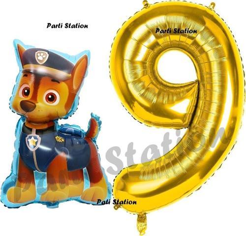 Paw Patrol Balon Paw Patrol Polis Köpek Chase 9 Yaş Balon Ve Gold Rakam Balon Doğum Günü Parti Set