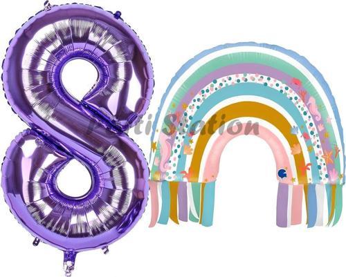 Gökkuşağı 8 Yaş Balon Set Mermaid Rainbow Konsept Balon Ve Mor Rakam Balon