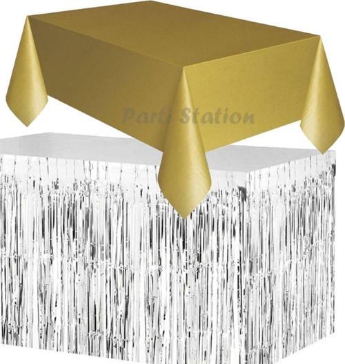 Masa Örtüsü Masa Eteği Plastik Altın Gold Renk Masa Örtüsü Gümüş Renk Metalize Sarkıt Masa Eteği Set