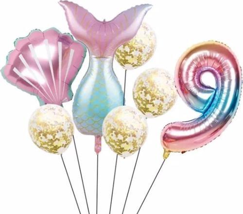 Deniz Kızı 9 Yaş Kuyruk Folyo Balon Set Deniz Kızı Konsept Doğum Günü Set Yaş Balon Set