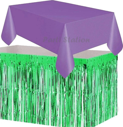 Masa Örtüsü Ve Eteği Set Plastik Mor Renk Masa Örtüsü Yeşil Renk Metalize Sarkıt Masa Eteği Set