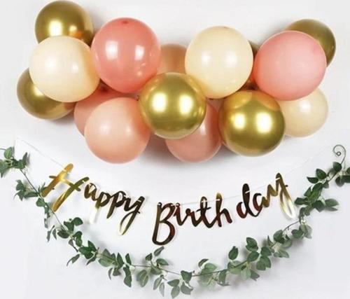 Gold Renk Kaligrafi Happy Birthday Banner Ve Balon Set Somon Gold Krem Lateks Balon Set