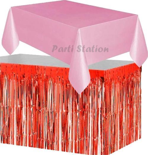 Masa Örtüsü Ve Etek Set Plastik Pembe Renk Masa Örtüsü Kırmızı Renk Metalize Sarkıt Masa Eteği Set