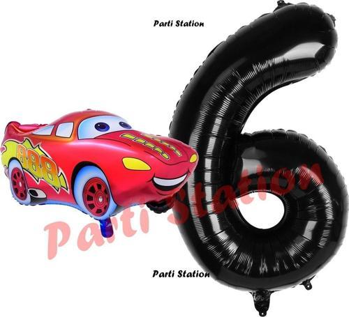 Cars Arabalar Balon Konsept 6 Yaş Balon Şimşek Mcqueen Balon Ve Siyah Rakam Balon Doğum Günü Set