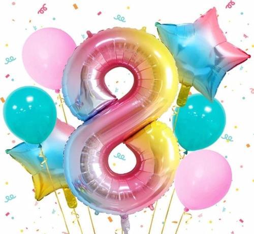 Gökkuşağı Rengarenk 8 Yaş Balon Set Yıldız Balon Folyo Set Konsept Doğum Günü Set Yaş Balon Set