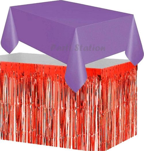 Masa Örtüsü Ve Eteği Set Plastik Mor Renk Masa Örtüsü Kırmızı Renk Metalize Sarkıt Masa Eteği Set
