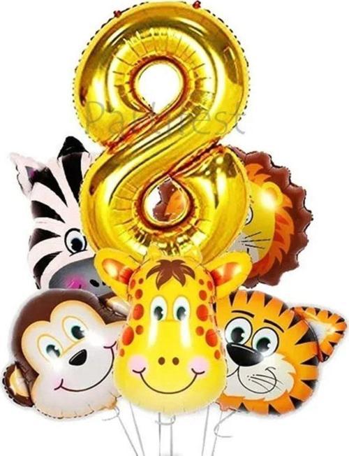 Safari Hayvanlar 8 Yaş Balon Set Safari Büyük Kafa Balon Folyo Balon Set Konsept Doğum Günü Set
