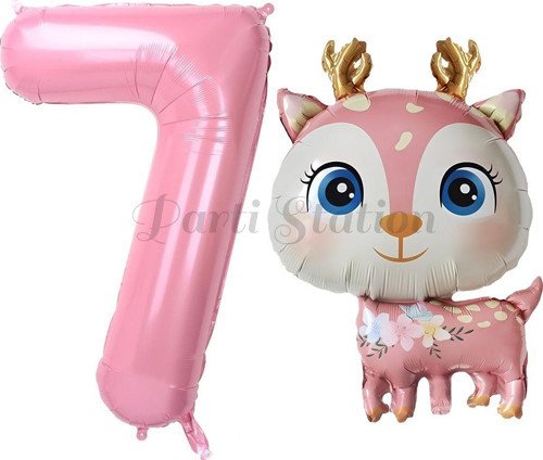 Sevimli Geyik 7 Yaş Balon Set Ceylan Balon Woodland Konsept Geyik Balon Ve Pembe Renk Rakam Balon