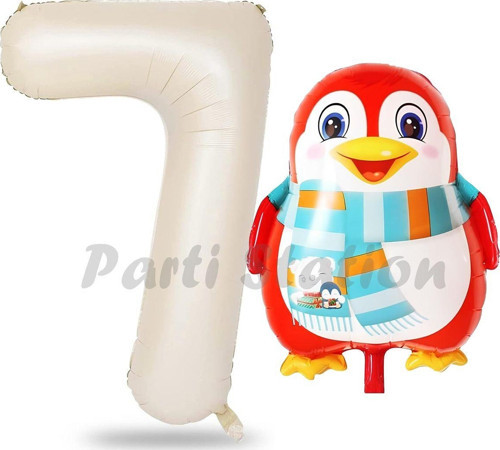 Sevimli Penguen Balon 7 Yaş Doğum Günü Balon Set Penguen Konsept Ve Krem Renk Rakam Balon