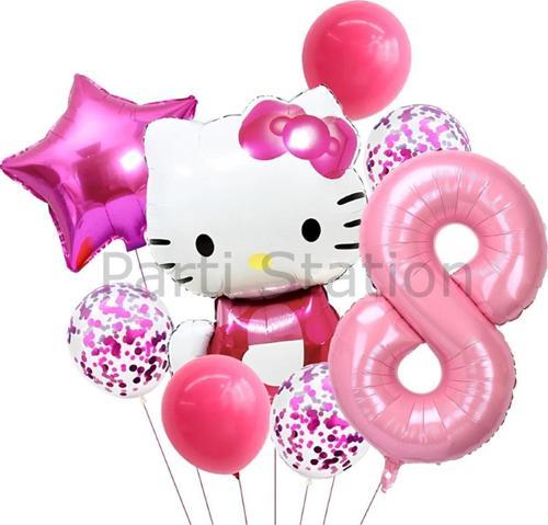 Hello Kitty 8 Yaş Balon Set Yıldız Balon Folyo Set Konsept Doğum Günü Set Yaş Balon Set