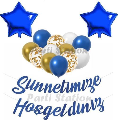 Sünnet Kutlama Seti Sünnetimize Hoş Geldiniz Yazısı Flama Sünnet Banner Set Lacivert Yıldız Seti