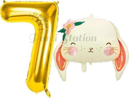Sevimli Tavşan 7 Yaş Balon Set Woodland Hayvanlar Konsept Tavşan Balon Ve Gold Renk Rakam Balon
