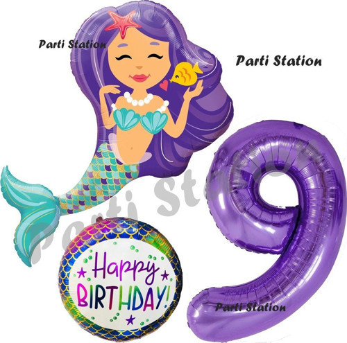 Deniz Kızı Konsept Mermaid Deniz Kızı 9 Yaş Balon Set Ve Mor Rakam Balon Doğum Günü Parti Balon Set