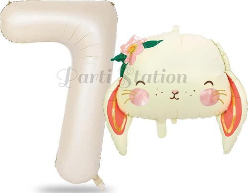 Sevimli Tavşan 7 Yaş Balon Set Woodland Hayvanlar Konsept Tavşan Balon Ve Krem Renk Rakam Balon