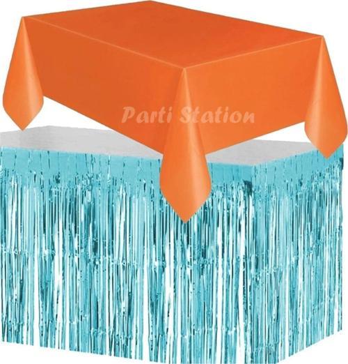 Masa Örtüsü Ve Masa Eteği Set Plastik Turuncu Renk Masa Örtüsü Mavi Renk Metalize Masa Eteği Set