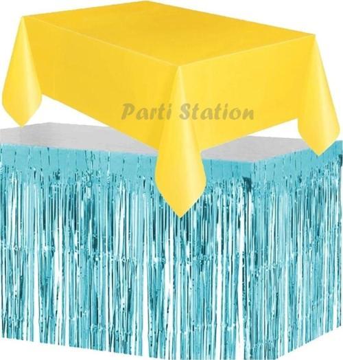 Masa Örtüsü Ve Masa Eteği Set Plastik Sarı Renk Masa Örtüsü Mavi Renk Metalize Masa Eteği Set