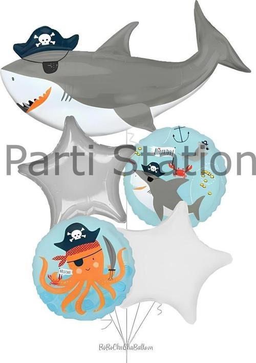 Korsan Köpek Balığı Balon Set Pirate Shark Tema Doğum Günü Folyo Balon Set