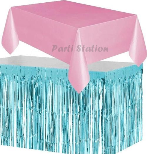 Masa Örtüsü Ve Etek Set Plastik Pembe Renk Masa Örtüsü Mavi Renk Metalize Sarkıt Masa Eteği Set