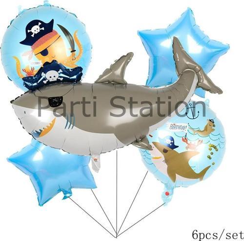 Korsan Köpek Balığı Konsept Balon Set Pirate Shark Konsept Doğum Günü Folyo Balon Set