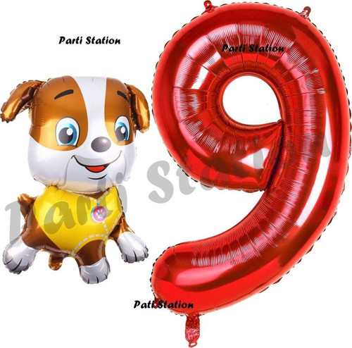 Paw Patrol İnşaat Köpek Rubble 9 Yaş Balon Ve Kırmızı Rakam Balon Doğum Günü Parti Set