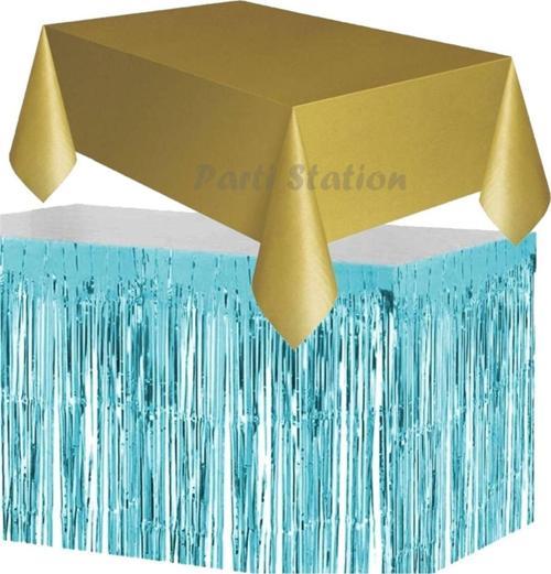 Masa Örtüsü Masa Eteği Plastik Altın Gold Renk Masa Örtüsü Mavi Renk Metalize Sarkıt Masa Eteği Set
